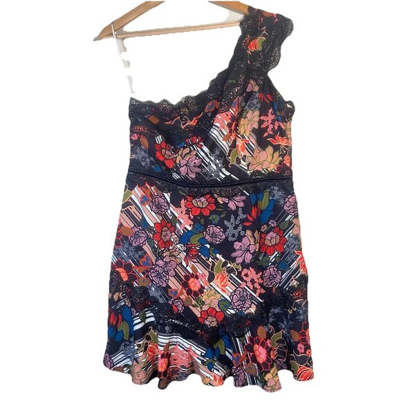 Foxiedox Boston Proper Red Black Lace Floral One Shoulder Mini Dress Size 12 - Picture 2 of 13